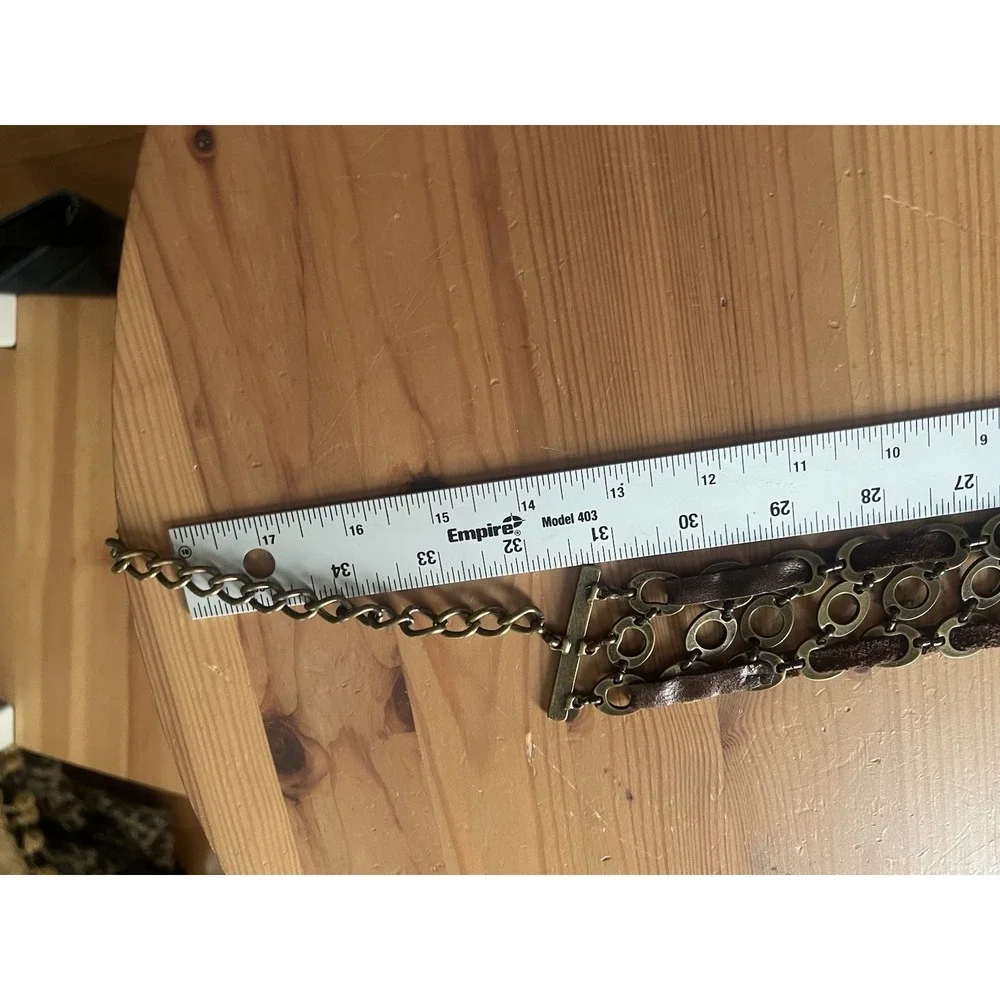 Vintage Brass & Brown Leather Chain Belt Adjustable Boho Hippie Festival 38